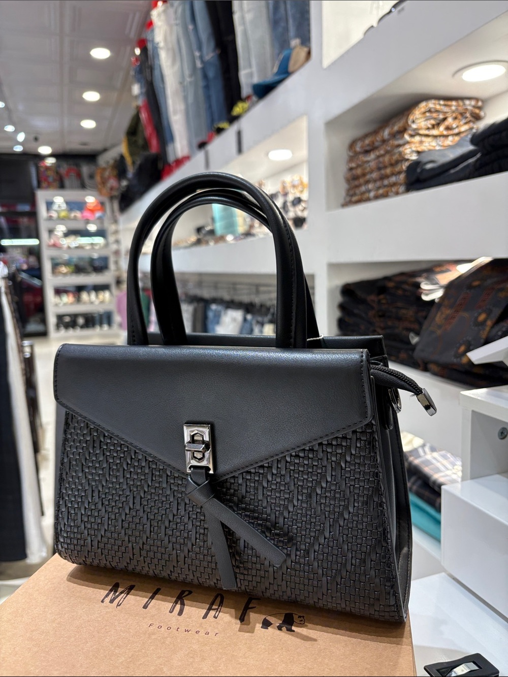 Black Woven Leather Top-Handle Satchel